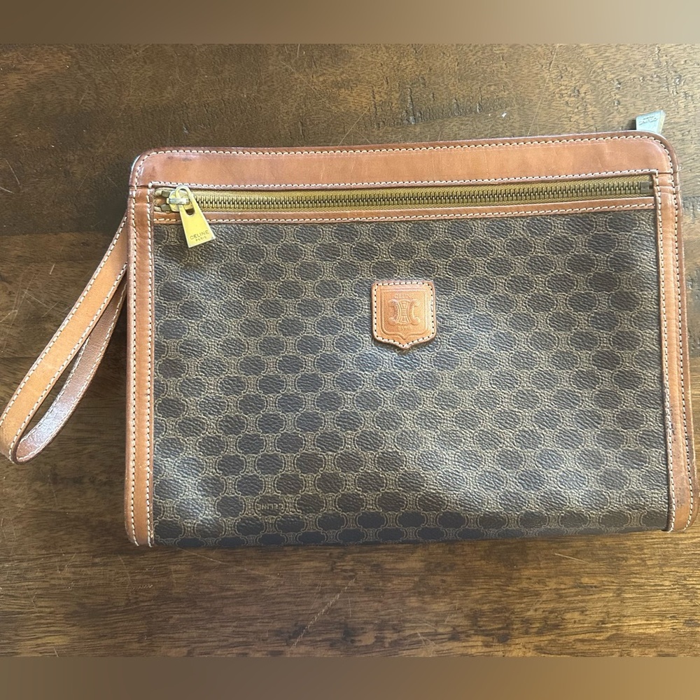 Vintage CELINE Macadam Monogram Clutch Wristlet - Brown Leather - Italy - Picture 2 of 8